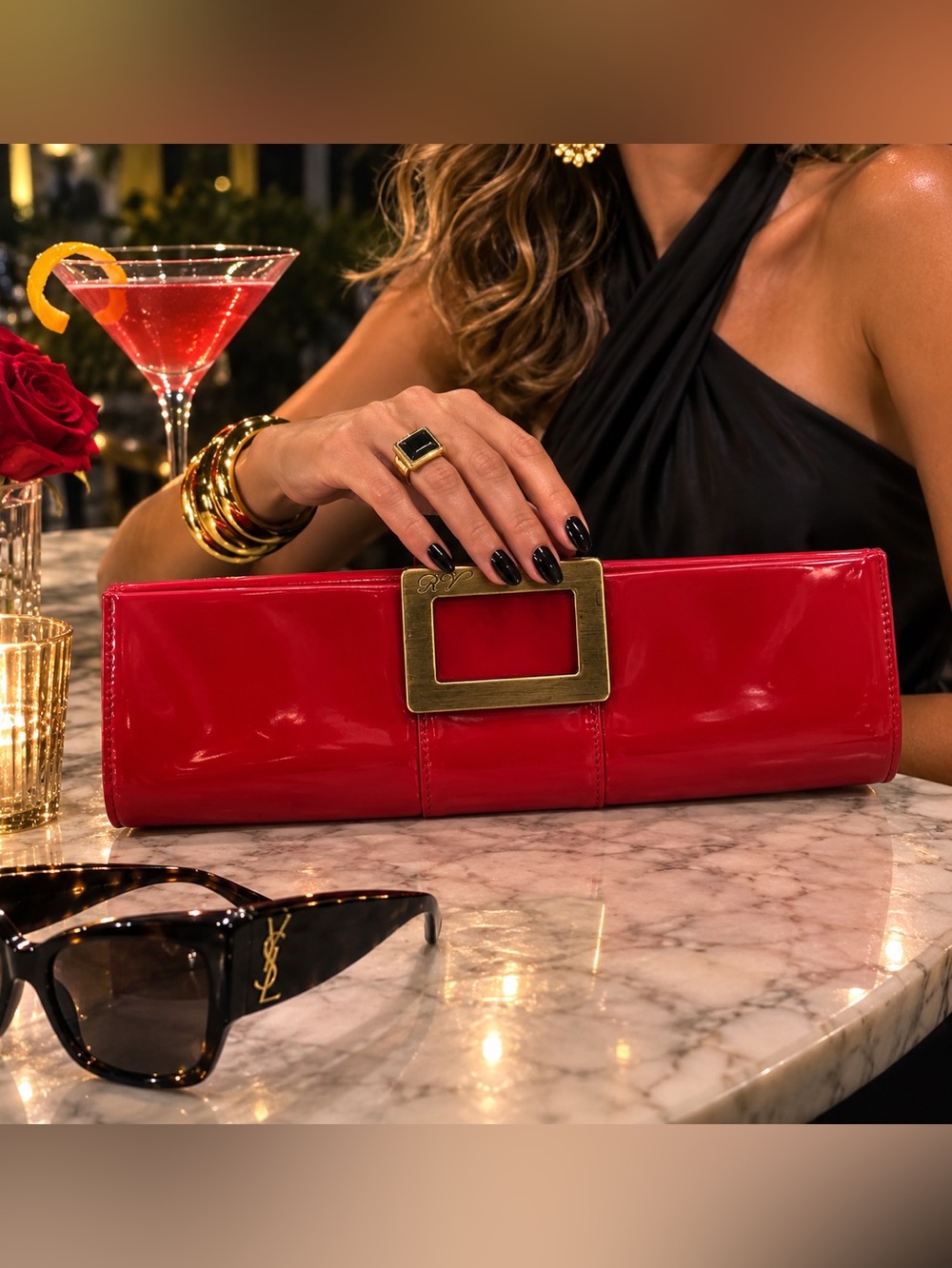 Roger Vivier Red Patent Leather Clutch with Gold vintage